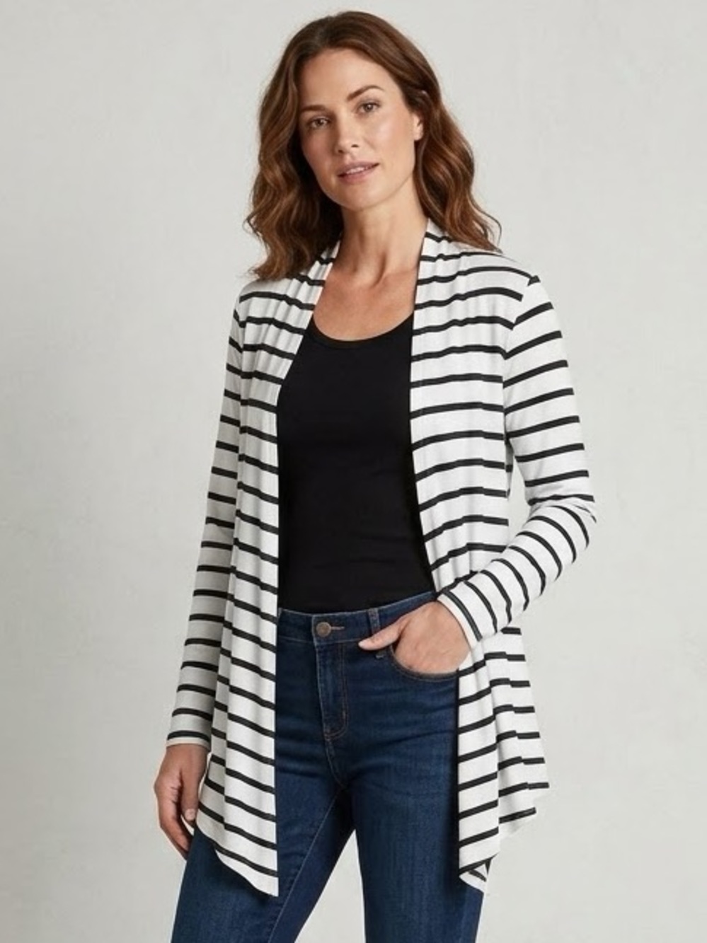 NWT Mix by 41 Hawthorn Black & White Striped Abrianna Open Cardigan, Size Medium